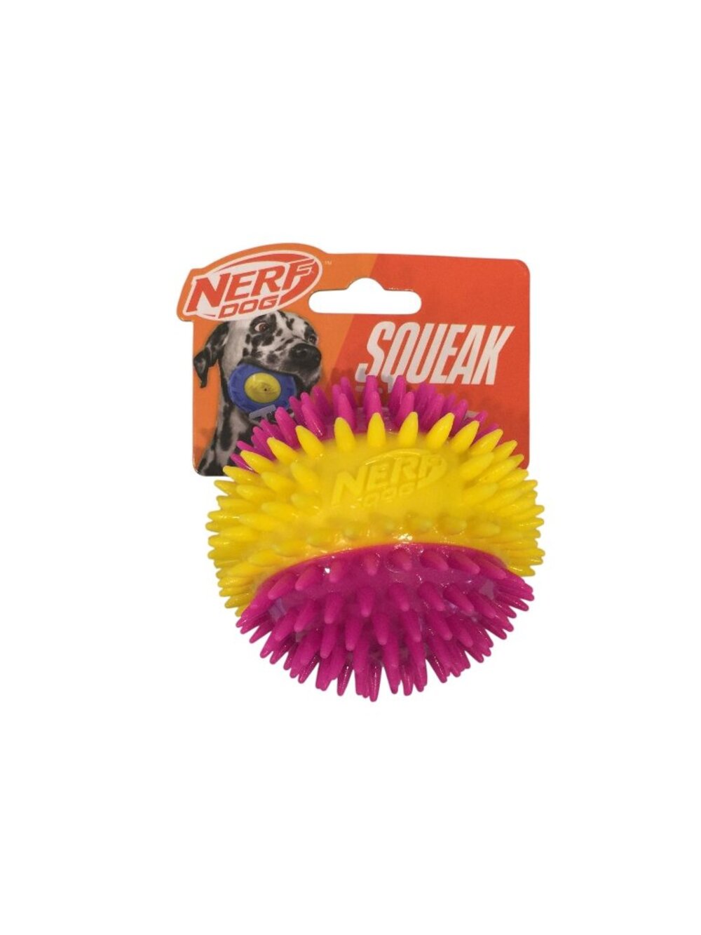NERF DOG Fuchsia Yellow Spiky Squeak Ball Dog Toy